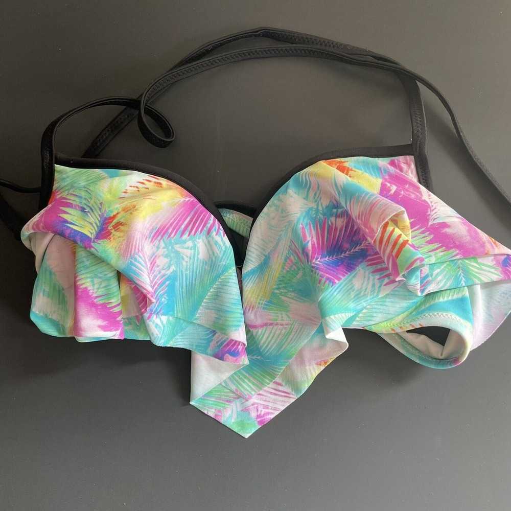 Victoria Secret PINK Wired‎ Padded Bikini Top Size XS Blue Hawaiian Print Ruffle